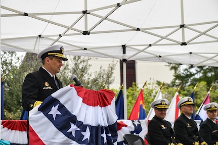 Rear Adm. Chris Cavanaugh, commander, Submarine Force, U.S. Pacific Fleet, delivers remarks during a change of command ceremony at Naval Base Kitsap-Bangor, April 29, 2025. During the ceremony Rear Adm. Christopher Nash relieved Rear Adm. Thomas Wall as commander of Submarine Group (SUBGRU) 9. SUBGRU-9 exercises administrative control authority for assigned submarine commands and units in the Pacific Northwest providing oversight for shipboard training, personnel, supply and material readiness of SSBNs and their crews. SUBGRU-9 is also responsible for nuclear submarines undergoing conversion or overhaul at Puget Sound Naval Shipyard in Bremerton, Washington. (U.S. Navy photo by Mass Communication Specialist 2nd Class Gwendelyn L. Ohrazda)