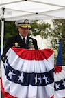 Rear Adm. Thomas Wall delivers remarks during a change of command ceremony at Naval Base Kitsap-Bangor, April 29, 2025. During the ceremony Rear Adm. Christopher Nash relieved Wall as commander of Submarine Group (SUBGRU) 9. SUBGRU-9 exercises administrative control authority for assigned submarine commands and units in the Pacific Northwest providing oversight for shipboard training, personnel, supply and material readiness of SSBNs and their crews. SUBGRU-9 is also responsible for nuclear submarines undergoing conversion or overhaul at Puget Sound Naval Shipyard in Bremerton, Washington. (U.S. Navy photo by Mass Communication Specialist 2nd Class Gwendelyn L. Ohrazda)