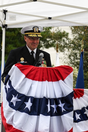 Rear Adm. Thomas Wall delivers remarks during a change of command ceremony at Naval Base Kitsap-Bangor, April 29, 2025. During the ceremony Rear Adm. Christopher Nash relieved Wall as commander of Submarine Group (SUBGRU) 9. SUBGRU-9 exercises administrative control authority for assigned submarine commands and units in the Pacific Northwest providing oversight for shipboard training, personnel, supply and material readiness of SSBNs and their crews. SUBGRU-9 is also responsible for nuclear submarines undergoing conversion or overhaul at Puget Sound Naval Shipyard in Bremerton, Washington. (U.S. Navy photo by Mass Communication Specialist 2nd Class Gwendelyn L. Ohrazda)