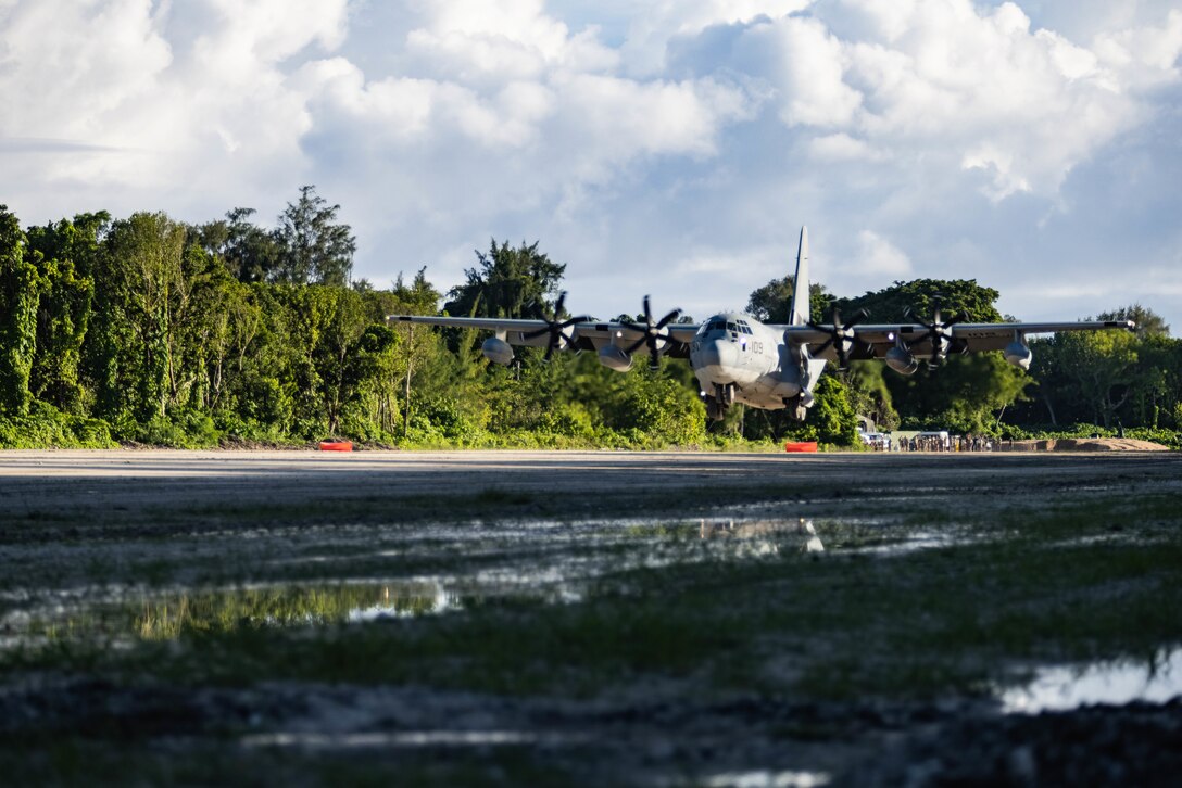 U.S. Marine Corps Aerial Refueler Transport Squadron (VMGR) 152’s KC-130J Super Hercules lands on Sledge Airfield in Peleliu, Republic of Palau, June 22, 2024. The landing of VMGR-152’s KC130J Super Hercules demonstrates that the Sledge Airfield on Peleliu is now open for use for the first time in 80 years. (U.S. Marine Corps photo by Lance Cpl. Dahkareo Pritchett)