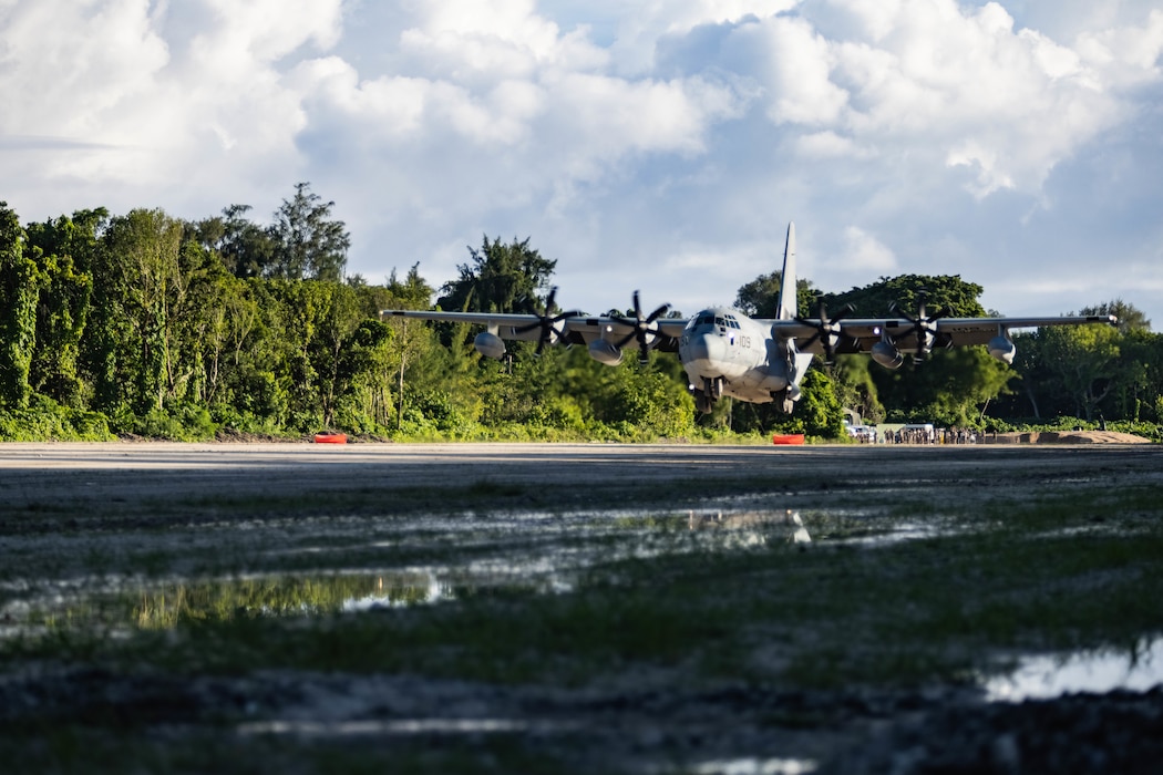 U.S. Marine Corps Aerial Refueler Transport Squadron (VMGR) 152’s KC-130J Super Hercules lands on Sledge Airfield in Peleliu, Republic of Palau, June 22, 2024. The landing of VMGR-152’s KC130J Super Hercules demonstrates that the Sledge Airfield on Peleliu is now open for use for the first time in 80 years. (U.S. Marine Corps photo by Lance Cpl. Dahkareo Pritchett)