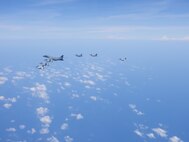 A U.S. Air Force B-1 Lancer, U.S. Air Force F-16 Fighting Falcons, and U.S. Marine Corps F/A-18 Hornets fly together with Philippine Air Force FA-50PH fighter jets during a multilateral Maritime Cooperative Activity (MCA) within the Philippines’ Exclusive Economic Zone, April 29, 2025.
