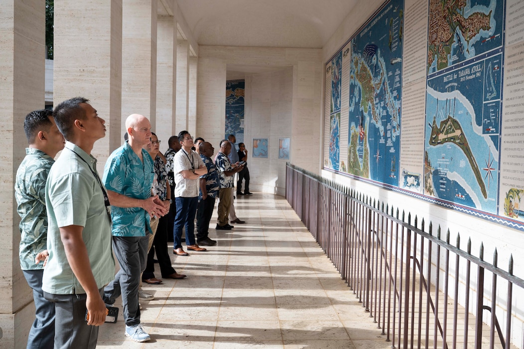 Senior enlisted leaders from over 25 countries, spanning the area of four geographical combatant commands, visit the National Memorial Cemetery of the Pacific, “Punchbowl”, during the second annual senior enlisted leaders subject matter expert exchange, co-hosted by U.S. Indo-Pacific Command and the Daniel K. Inouye Asia-Pacific Center for Security Studies in Honolulu, April 20-25, 2025.