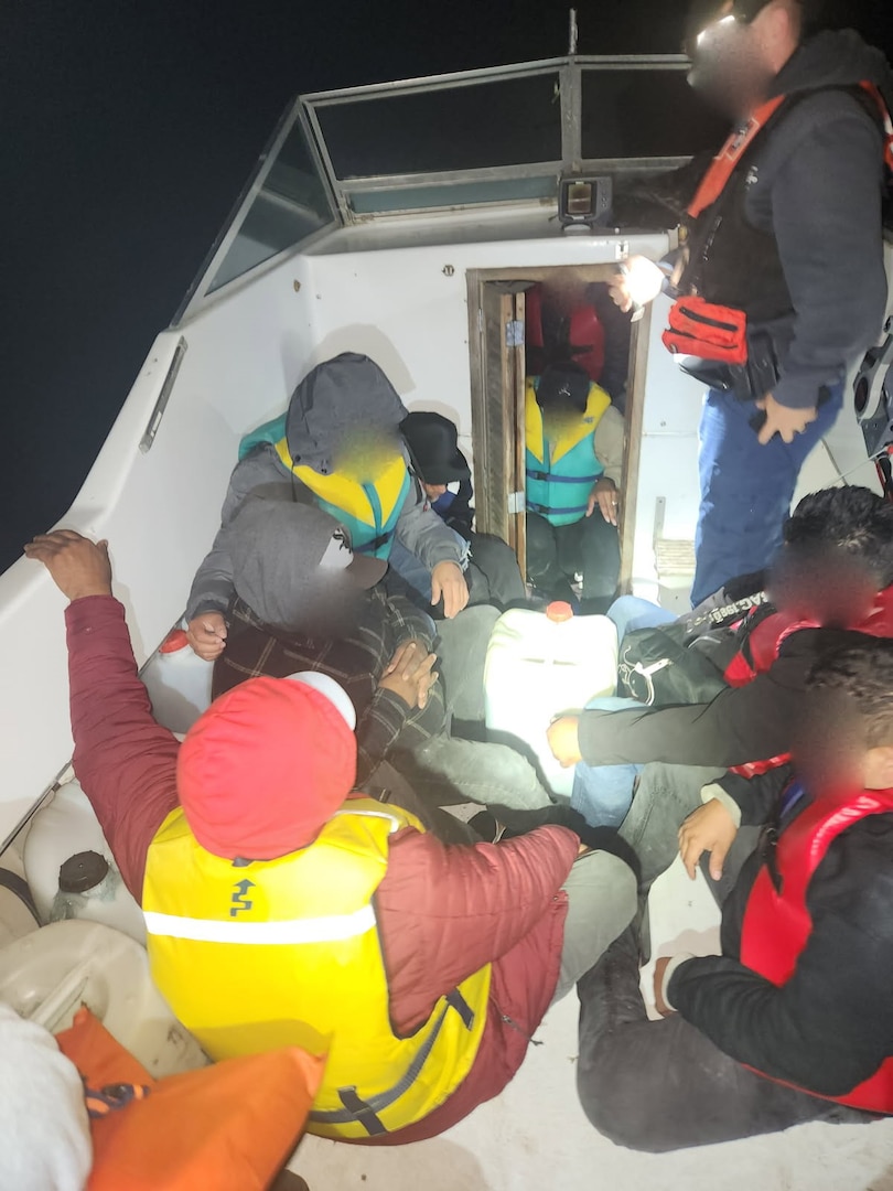 The crew of the Coast Guard Cutter Petrel interdict 15 aliens aboard a 20-foot cuddy cabin style vessel approximately ten miles northwest of Point Loma, California, April 30, 2025. The aliens aboard the 20-foot cuddy cabin consisted of 11 adult males and four adult females all claiming Mexican nationality. (U.S. Coast Guard photo, courtesy)