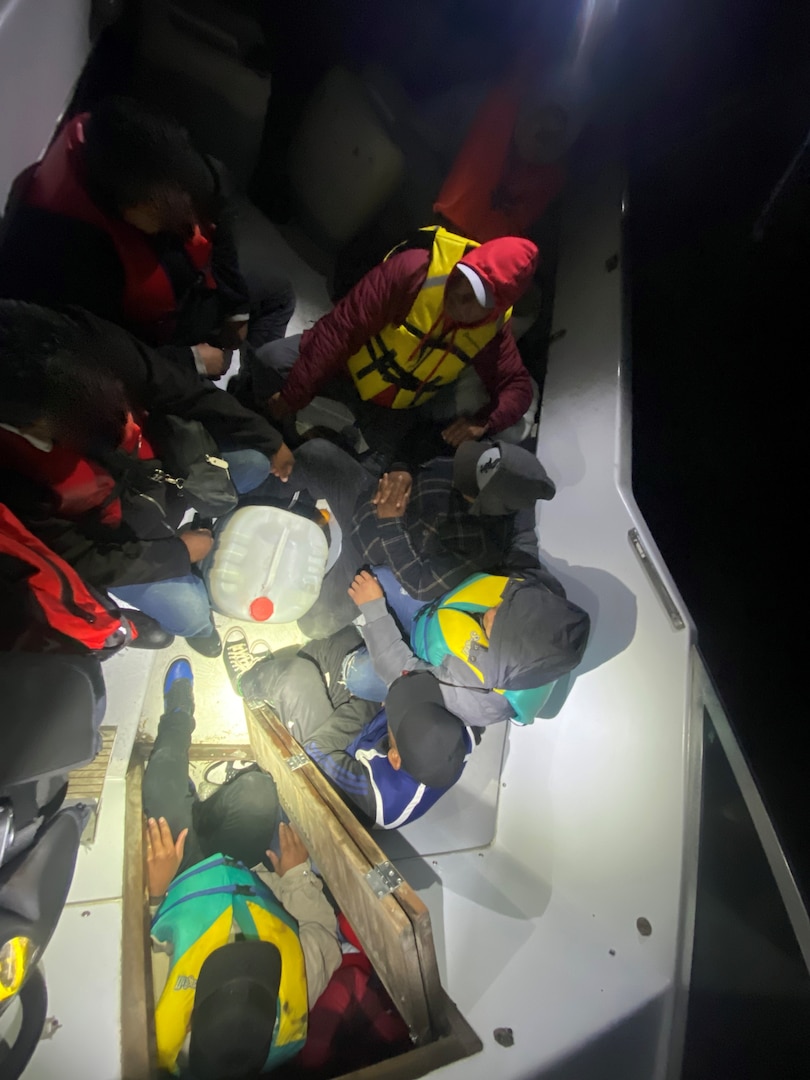 The crew of the Coast Guard Cutter Petrel interdict 15 aliens aboard a 20-foot cuddy cabin style vessel approximately ten miles northwest of Point Loma, California, April 30, 2025. The aliens aboard the 20-foot cuddy cabin consisted of 11 adult males and four adult females all claiming Mexican nationality. (U.S. Coast Guard photo, courtesy)