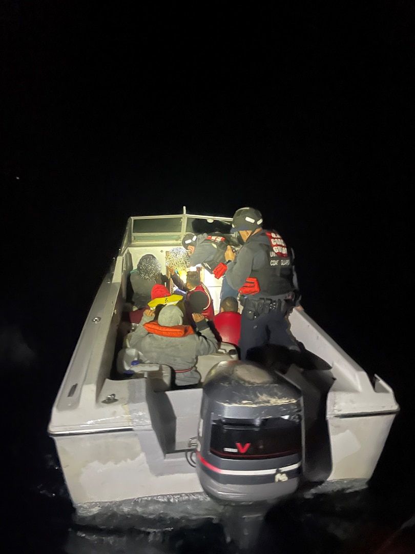 The crew of the Coast Guard Cutter Petrel interdict 15 aliens aboard a 20-foot cuddy cabin style vessel approximately ten miles northwest of Point Loma, California, April 30, 2025. The aliens aboard the 20-foot cuddy cabin consisted of 11 adult males and four adult females all claiming Mexican nationality. (U.S. Coast Guard photo, courtesy)