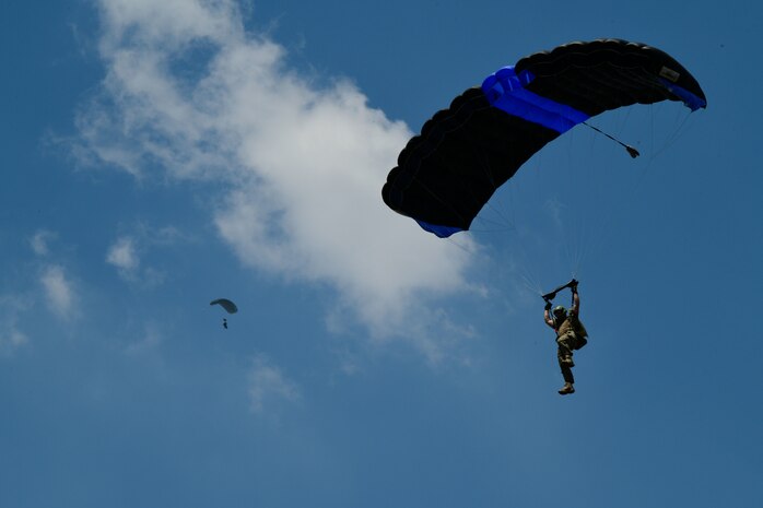 U.S. Air Force Air Commandos assigned to the 353rd Special Operations Wing jump from an MC-130J Commando II during static line jump training as part of Exercise Balikatan 25 at Fort Magsaysay, Philippines, April 25, 2025.