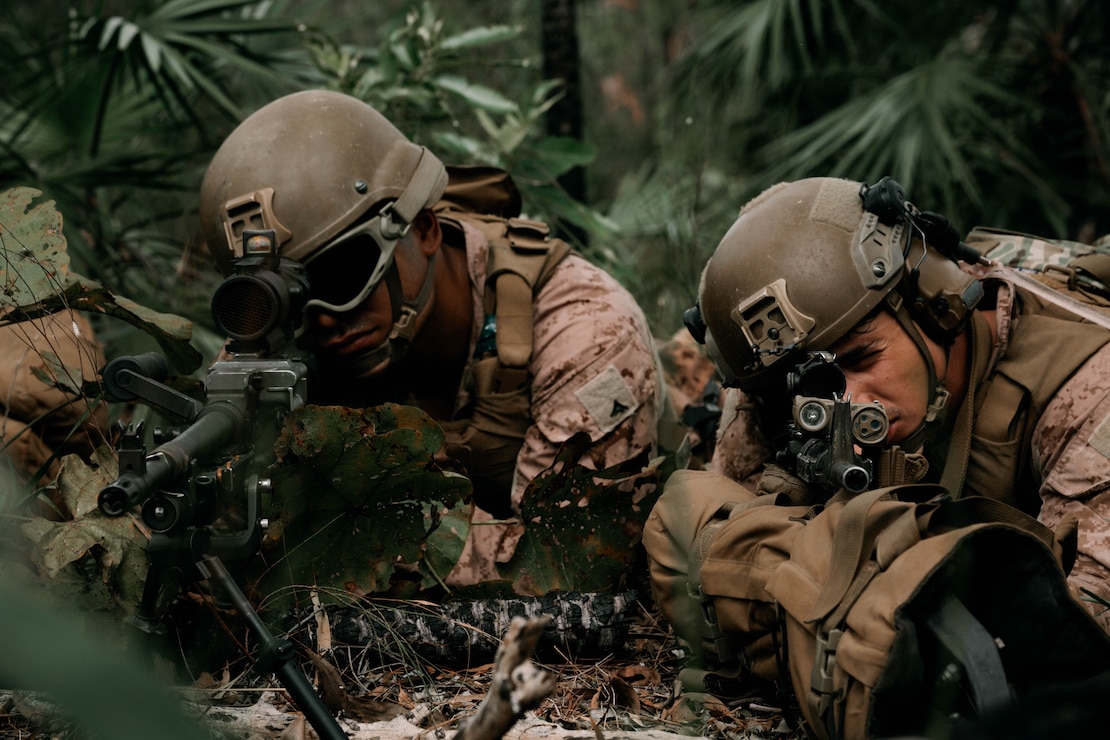 U.S. Marines with Marine Rotational Force – Darwin 25.3 post security during on-off drills from Royal Australian Air Force Base Darwin to Robertson Barracks, Darwin, Australia, April 29, 2025.