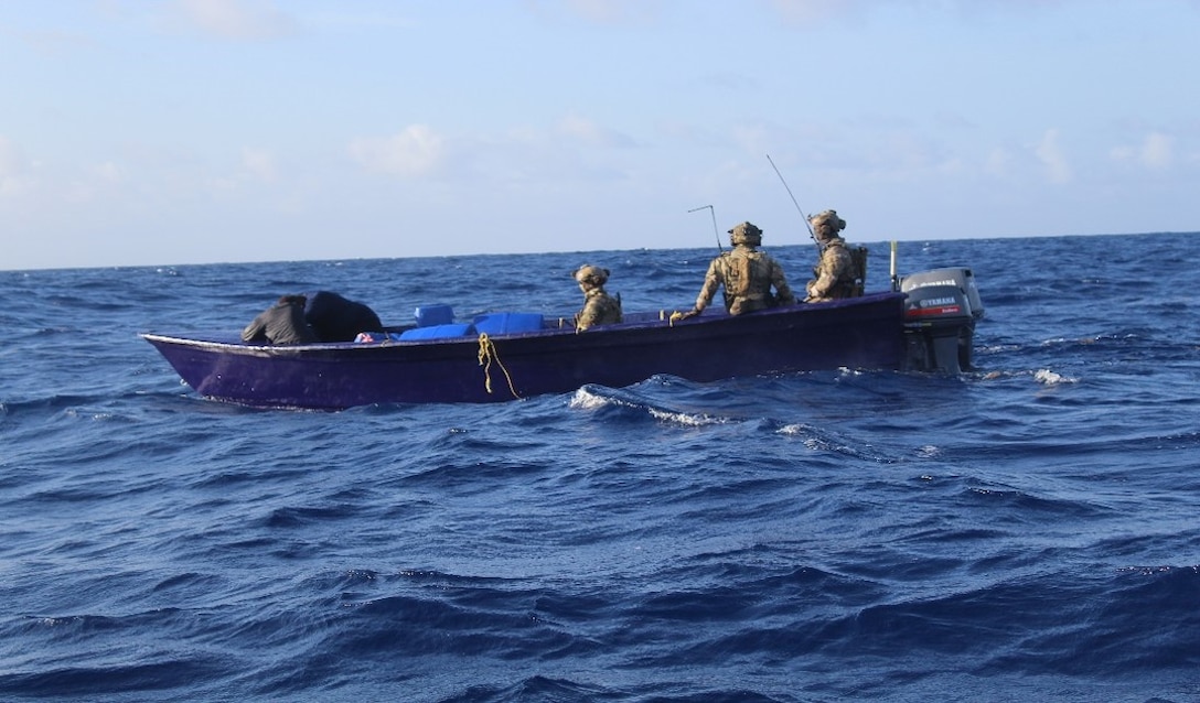 The Freedom-variant littoral combat ship USS Minneapolis-Saint Paul (LCS 21) and embarked U.S. Coast Guard Law Enforcement Detachment (LEDET) 406, seize approximately 1716 lbs. of marijuana while conducting counter-narcotics operations, April 13, 2025. Minneapolis-Saint Paul is deployed to the U.S. 4th Fleet area of operations to support Joint Interagency Task Force South’s mission, which includes counter-illicit drug trafficking missions in the Caribbean and Eastern Pacific. (U.S. Navy photo/Released)