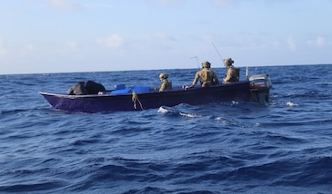The Freedom-variant littoral combat ship USS Minneapolis-Saint Paul (LCS 21) and embarked U.S. Coast Guard Law Enforcement Detachment (LEDET) 406, seize approximately 1716 lbs. of marijuana while conducting counter-narcotics operations, April 13, 2025. Minneapolis-Saint Paul is deployed to the U.S. 4th Fleet area of operations to support Joint Interagency Task Force South’s mission, which includes counter-illicit drug trafficking missions in the Caribbean and Eastern Pacific. (U.S. Navy photo/Released)