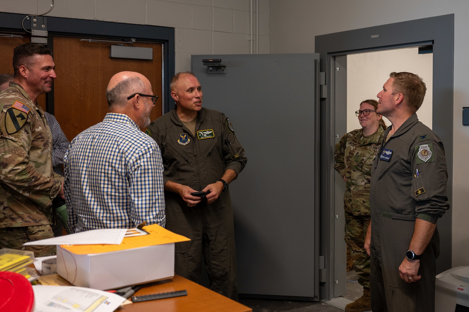U.S. Air Force Col. Michael Maginness, 2nd Bomb Wing commander, and Col. David Anderson, 159th Fighter Wing commander, tour the National Guard facilities at Chennault International Airport in Lake Charles, La., April 29, 2025. Leadership from the 2nd Bomb Wing and 159th Fighter Wing worked together to assess the possibility of future use of the National Guard facilities at Chennault. (U.S. Air Force photo by Senior Airman Seth Watson)