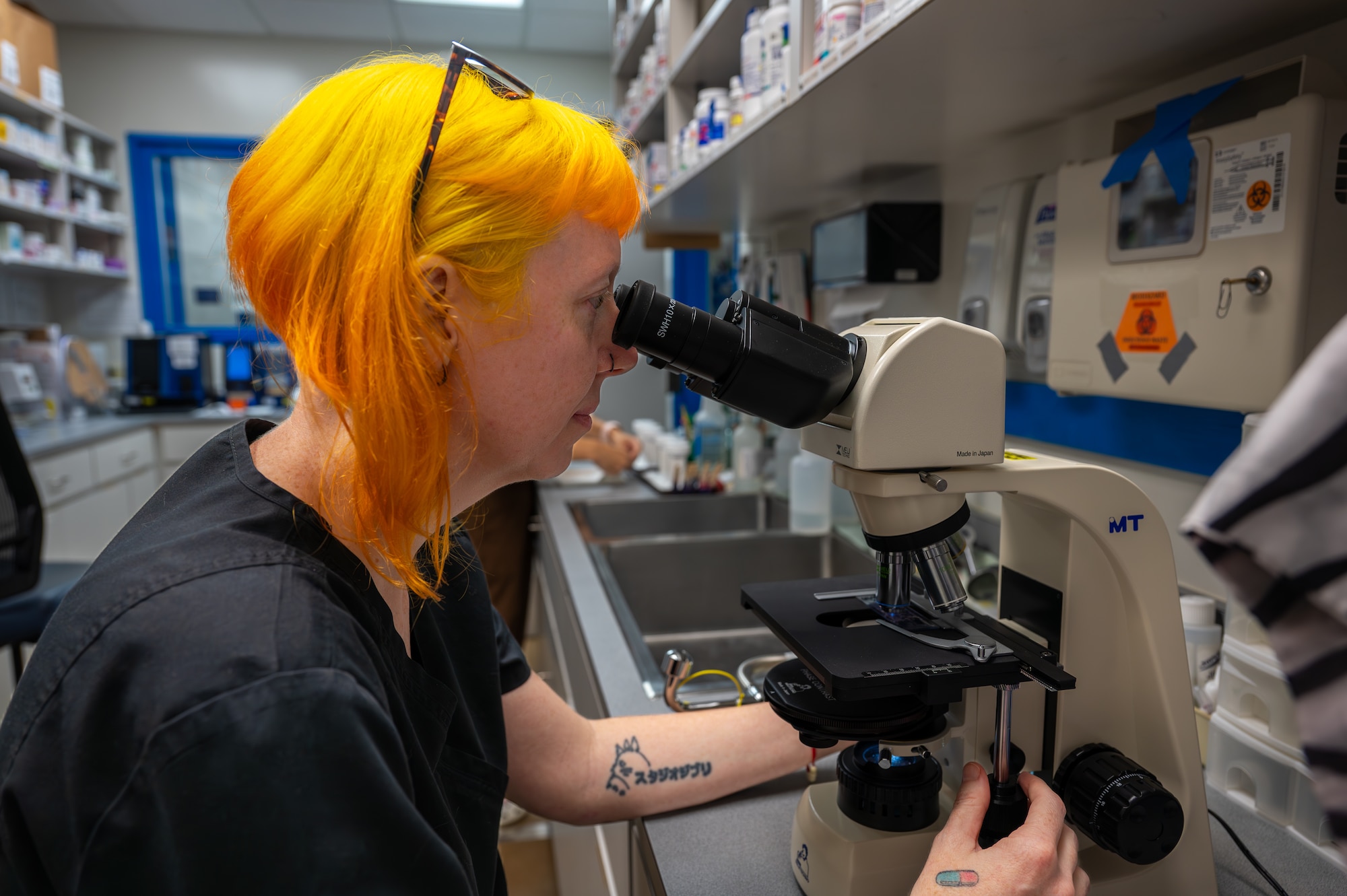 A vet tech is looking into a microscope.
