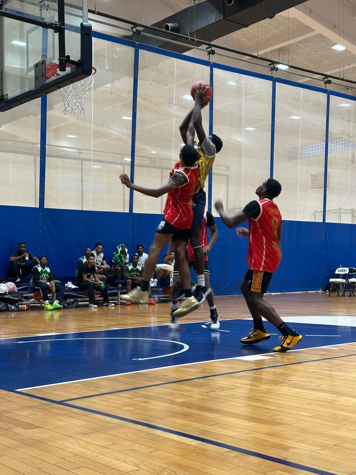 Members of Kadena Air Base play basketball during Shogun Sports nights at Risner Fitness Center, Kadena Air Base, Japan, July 18, 2025.