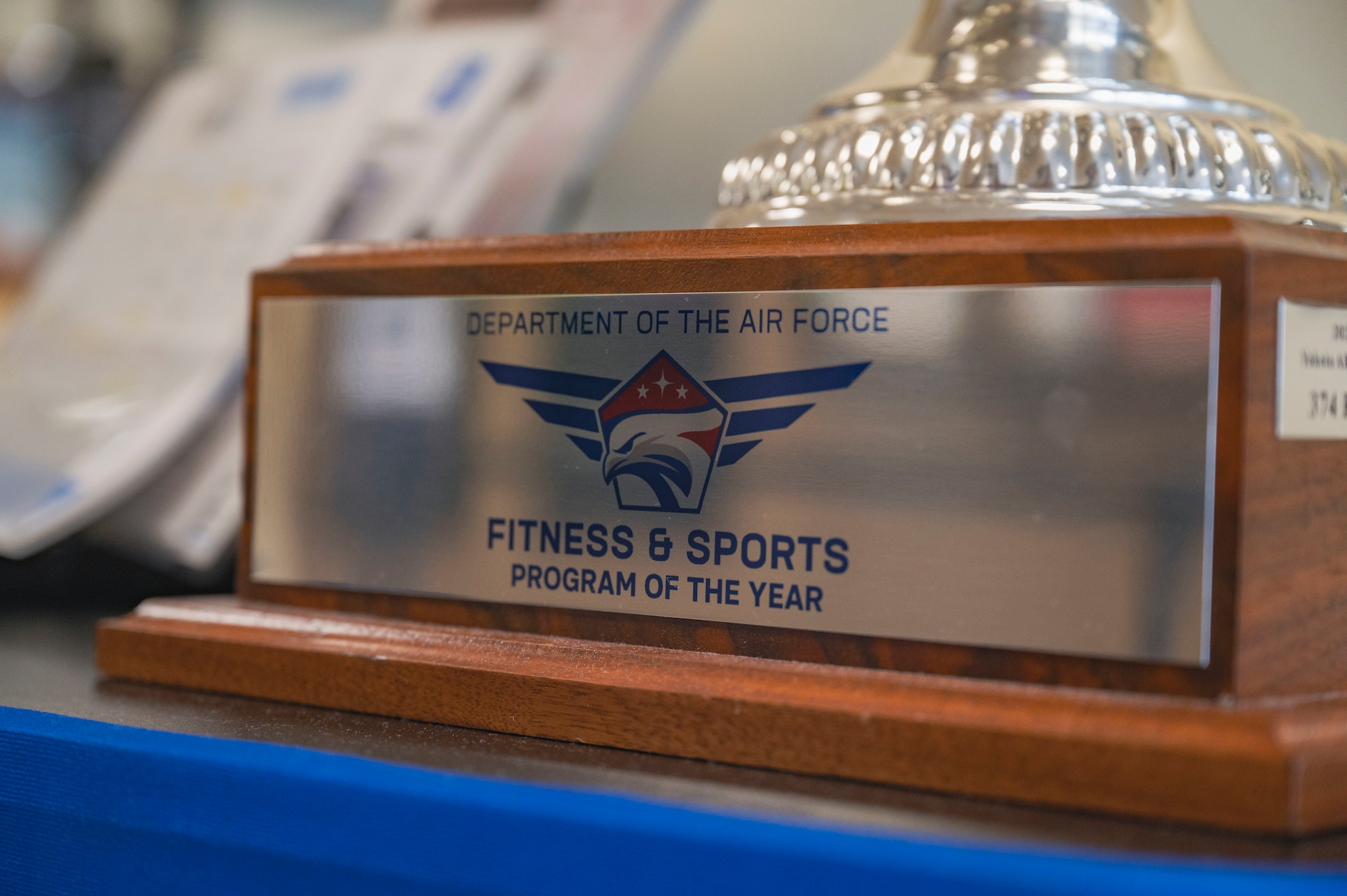 The trophy for the U.S. Air Force fitness and sports program of the year is displayed at Risner Fitness Center on Kadena Air Base, Japan, July 30, 2025.