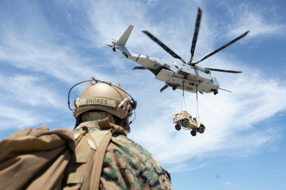 Marines with 2nd Marine Aircraft Wing and 2nd DSB are training alongside elements of the U.S. Army, U.S. Navy, and U.S. Customs and Border Protection to refine humanitarian assistance and disaster relief capabilities while also refining the CH-53K King Stallion's ability to support distributed aviation operations in a joint environment. (U.S. Marine Corps photo by Cpl. Mya Seymour)