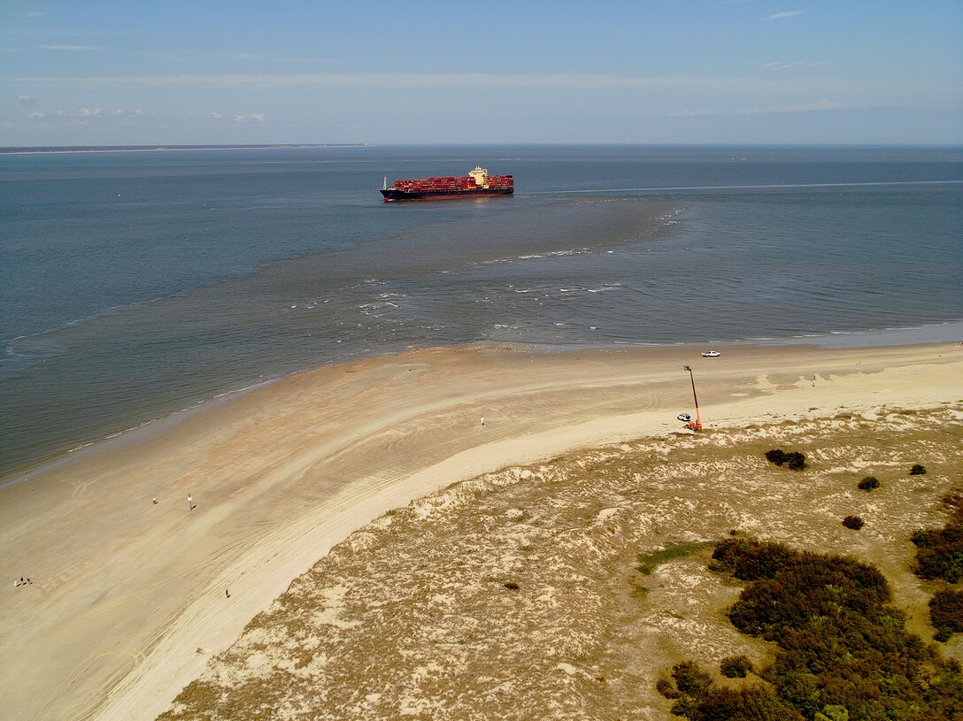 This image, captured by an ERDC unmanned aerial system on March 28, shows a large vessel making its way just north of beaches on Tybee Island, Georgia as it enters the Port of Savannah channel. Shortly after this image was taken, Tanner Jernigan, a coastal engineer at ERDC’s Coastal and Hydraulics Laboratory, rescued three children from rough waves and surf created by the ship’s passing.