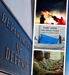 A photo of a live-fire exercise, a photo of a wall that says "Fort Hood" and a photo of service members typing on computers is shown next to the Defense Department sign.
