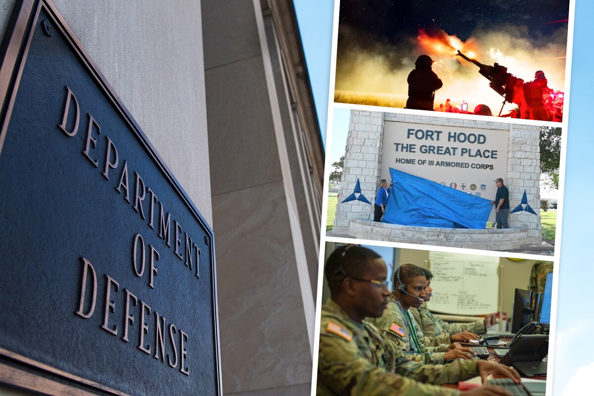 A photo of a live-fire exercise, a photo of a wall that says "Fort Hood" and a photo of service members typing on computers is shown next to the Defense Department sign.
