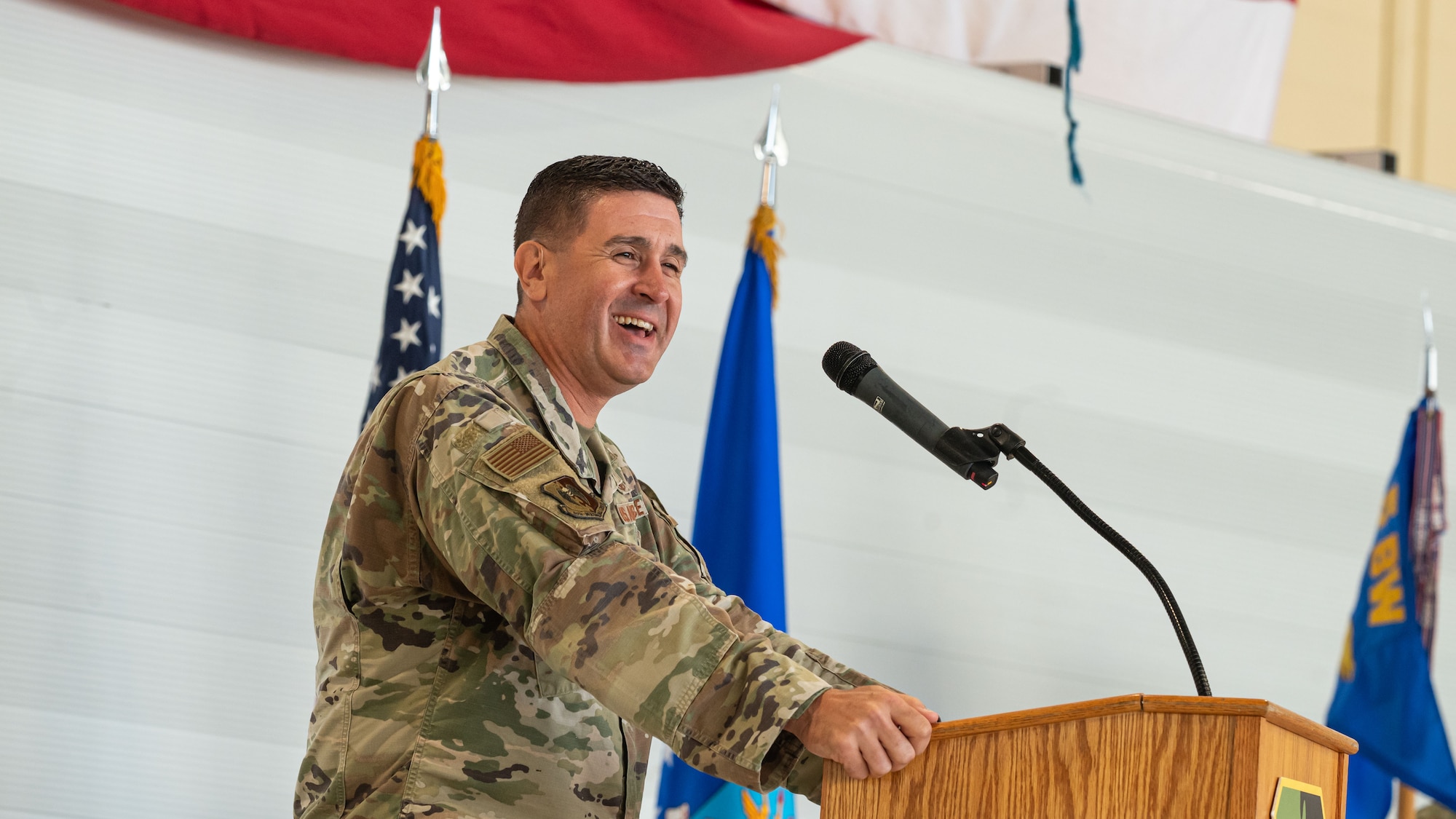 U.S. Air Force Col. Shaun Westphal, 5th Medical Group (5MDG) commander, offers parting words during the 5MDG change of command ceremony at Minot Air Force Base, North Dakota, July 31, 2025. During the ceremony, Westphal relinquished command to U.S. Air Force Col. Michael McCarthy.