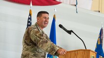 U.S. Air Force Col. Shaun Westphal, 5th Medical Group (5MDG) commander, offers parting words during the 5MDG change of command ceremony at Minot Air Force Base, North Dakota, July 31, 2025. During the ceremony, Westphal relinquished command to U.S. Air Force Col. Michael McCarthy.