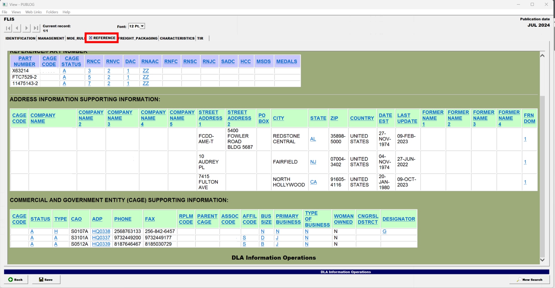 Pub Log FLIS screenshot of Reference tab filtered information on a National Stock Number item.