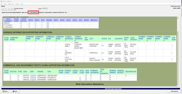 Pub Log FLIS screenshot of Reference tab filtered information on a National Stock Number item.