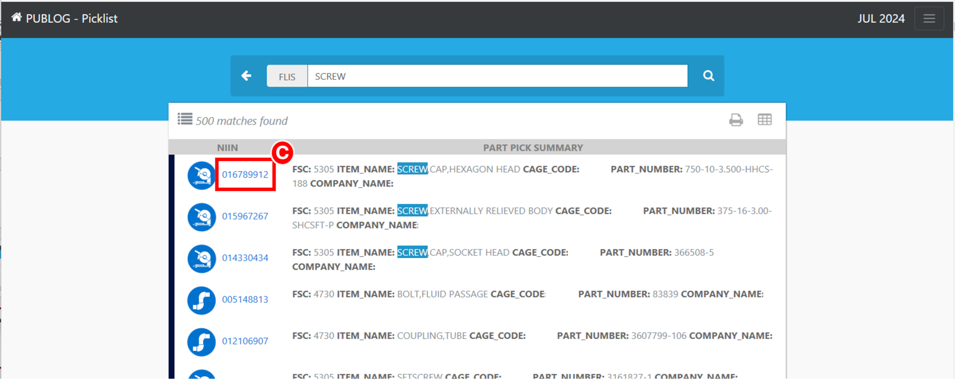 Pub Log IMD2 Version application; a user selects a National Item Identification Number (NIIN) to review Federal Logistics Information System information.