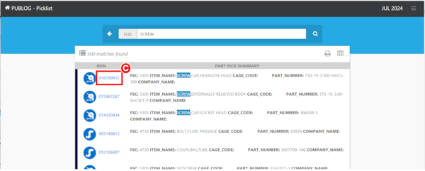 Pub Log IMD2 Version application; a user selects a National Item Identification Number (NIIN) to review Federal Logistics Information System information.