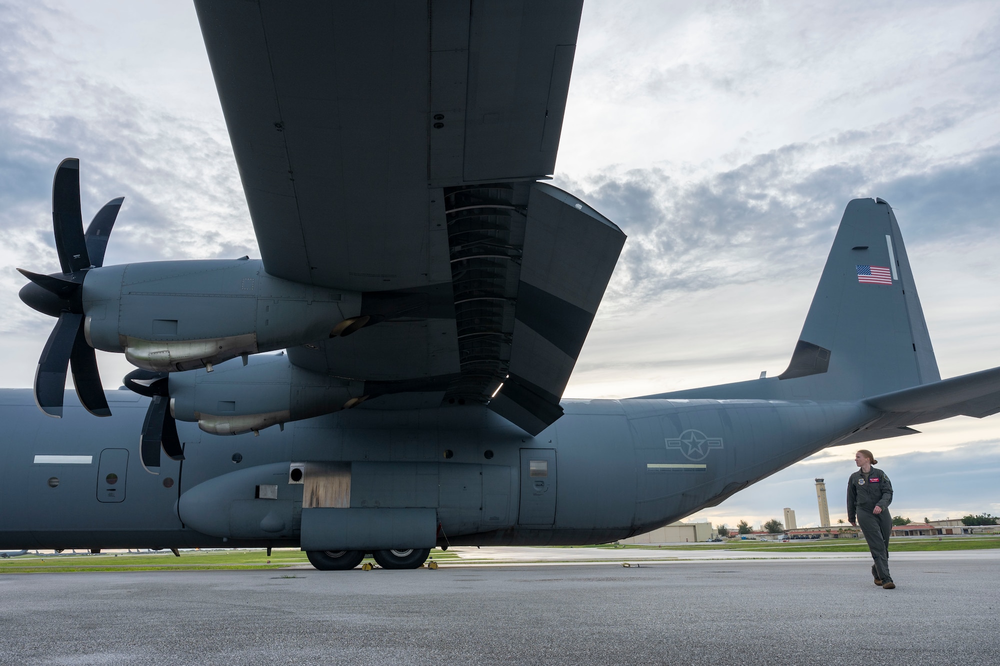 Airmen fly on a C-130J in Guam