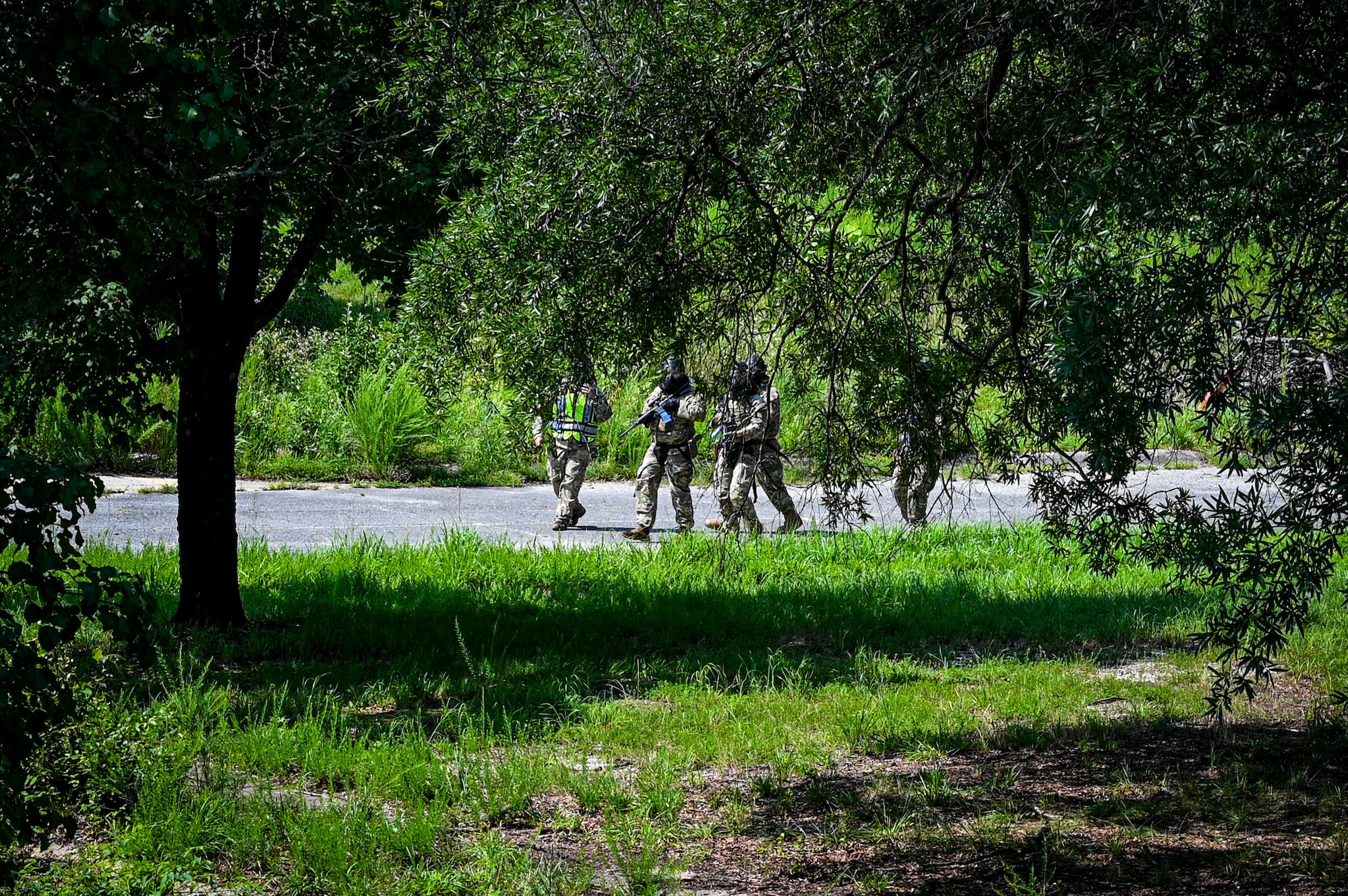 Members from the U.S. Air Force 11th Security Forces Squadronprepare to engage during a close-quarters combat training exercise at Joint Base Andrews, Md., July 22, 2025.