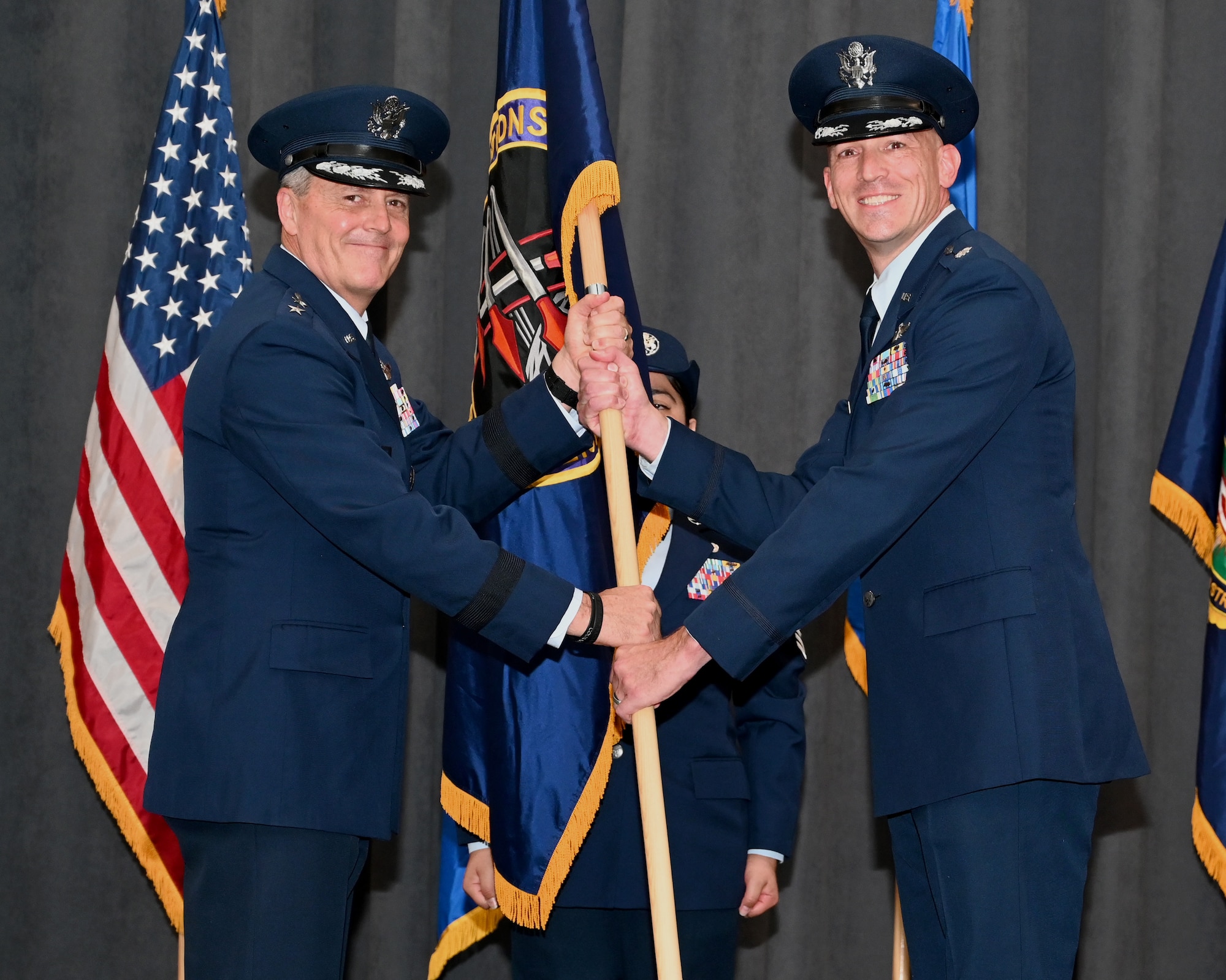 Maj. Gen. Jason Armagost, left, Eighth Air Force and Joint-Global Strike Operations Center commander, poses for a picture with Lt. Col. Benjamin Kempen