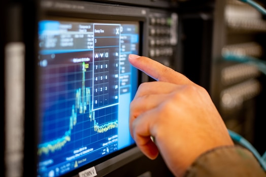  An airman assigned to the 379th Space Range Squadron operates a spectrum analyzer during exercise Resolute Space 2025 in Colorado Springs, Colo., July 29, 2025. The 379th SRS joined the 25th Space Range Squadron, under Space Delta 11, in supporting Resolute Space, Resolute Forces Pacific (REFORPAC) and the broader Department-Level Exercise with an electromagnetic range environment for realistic training. (U.S. Space Force photo by Isaac Blancas)