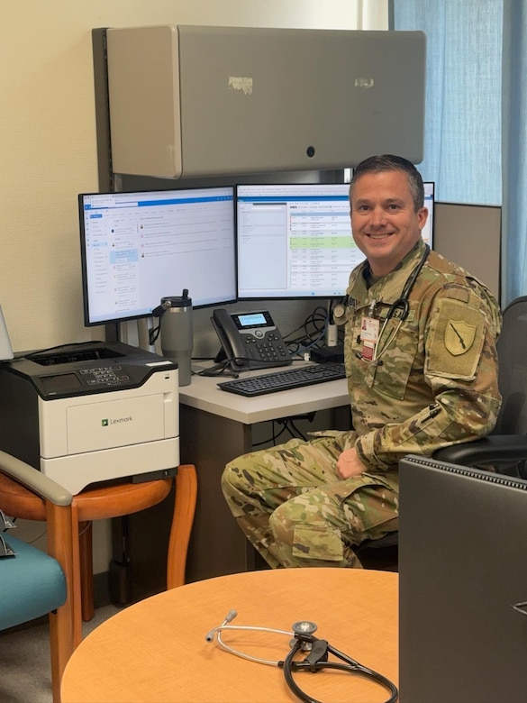 U.S. Army Lt. Col. Aaron Newton, of the Kentucky Medical Detachment (MEDDET), supported the Family Medicine Clinic through clinical observation, patient screening, and familiarization with the broader health service support network at Landstuhl Regional Medical Center in Landstuhl, Germany.