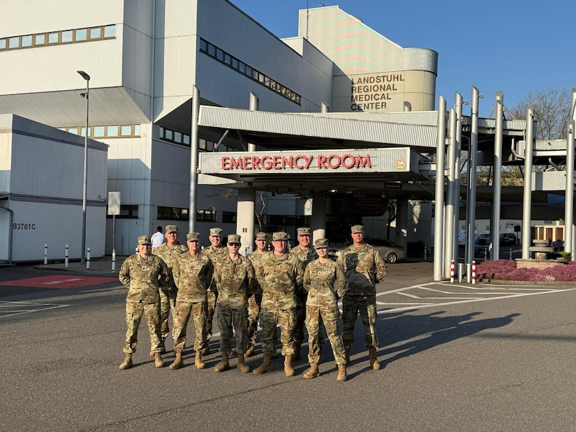 Medical personnel from the Kentucky National Guard Medical Detachment (MEDDET) and 1163rd Medical Company Area Support (MCAS) conduct overseas deployment training at the Landstuhl Regional Medical Center in Landstuhl, Germany in April 2025.