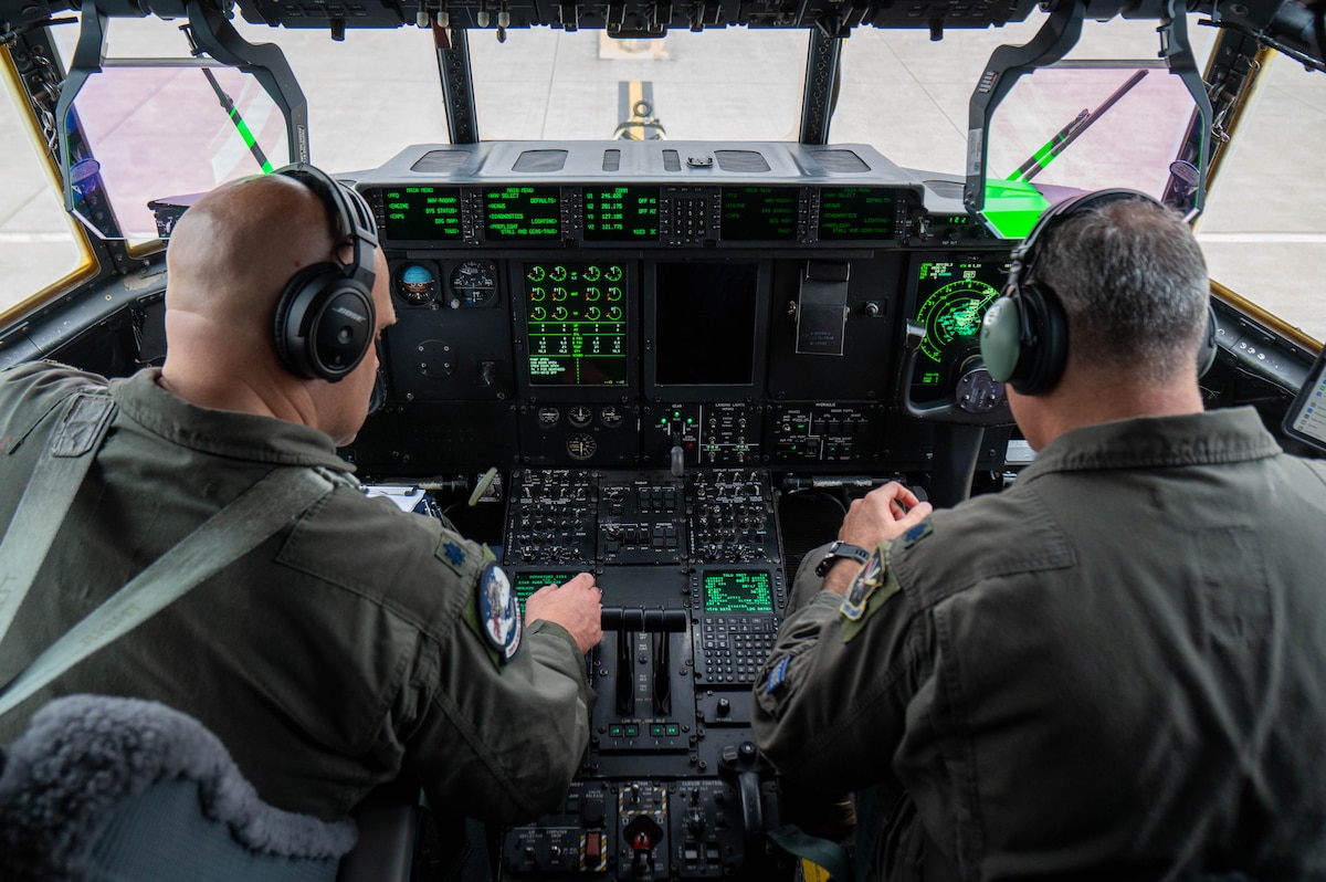 U.S. Air Force C-130J Super Hercules pilots assigned to the 339th Flight Test Squadron prepare to depart from Ramstein Air Base, Germany, July 26, 2025. The aircraft departed for Robins Air Force Base, Ga. after undergoing a wing replacement. (U.S. Air Force photo by Airman 1st Class Rebecca Harima)