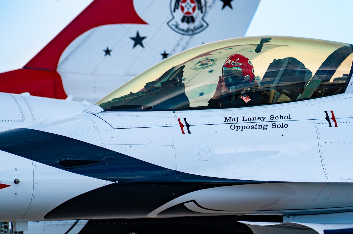 Maj. Laney Schol, U.S. Air Force Air Demonstration Squadron “Thunderbirds” Thunderbird 6 pilot, prepares to take off in her F-16 Fighting Falcon during a practice flight the day prior to the Wings Over Wyoming Air Show at Cheyenne, Wyo., July 25, 2025. The Thunderbirds’ first civilian air show was held during Cheyenne Frontier Days in 1953, and they have attended almost every year for the last 72 years. (U.S. Air Force photo by Airman 1st Class Hunter Kirkland)