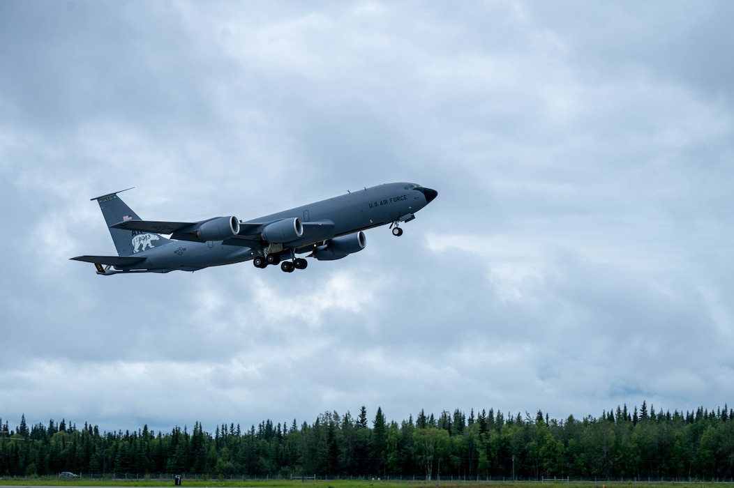 A KC-135 Stratotanker assigned to the 168th Air Refueling Wing takes flight during Red Flag-Alaska 25-3 at Eielson Air Force Base, Alaska, July 31, 2025.