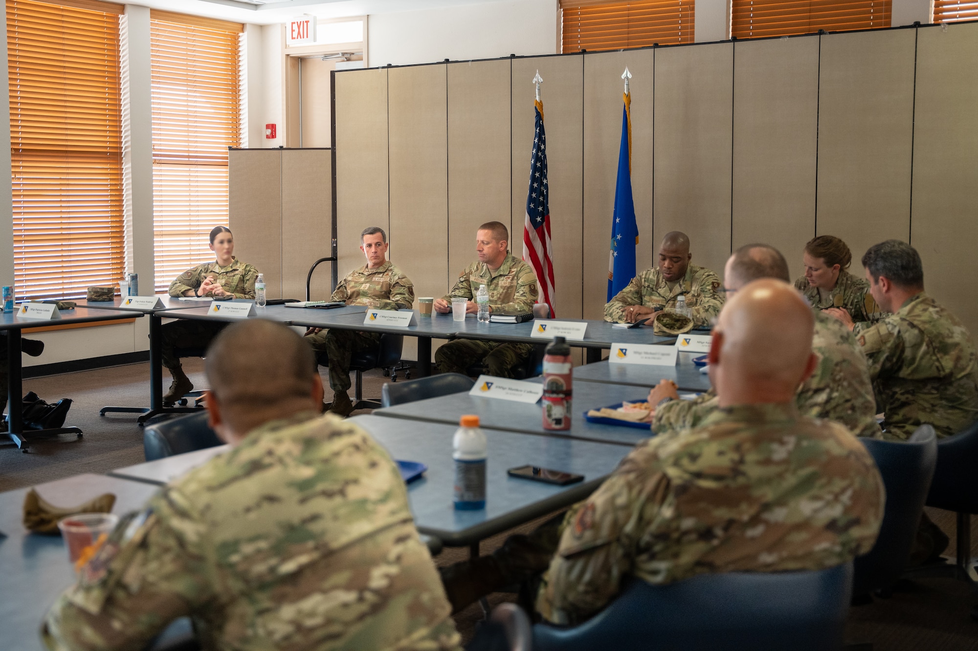 U.S. Air Force Chief Master Sgt. Courtney Freeman, command chief of Air Force Special Operations Command, attends a luncheon with first sergeants assigned to the 27th Special Operations Wing at Cannon Air Force Base, New Mexico, July 28, 2025. Freeman met with leadership to explore ways he could support Cannon and to provide valuable mentorship. (U.S. Air Force photo by Senior Airman Sarah Gottschling)