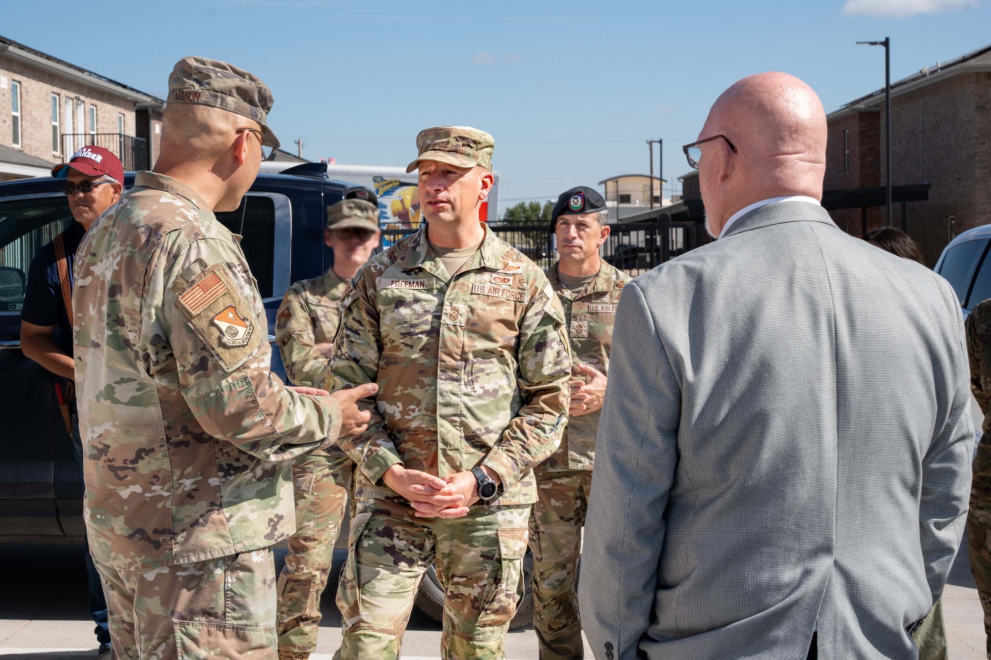 U.S. Air Force Chief Master Sgt. Courtney Freeman, command chief of Air Force Special Operations Command, visits Sendero, LLC off-base dormitories at Cannon Air Force Base, New Mexico, July 28, 2025. Sendero, LLC is part of Cannon AFB’s solution to unaccompanied housing capacity challenges. (U.S. Air Force photo by Senior Airman Sarah Gottschling)