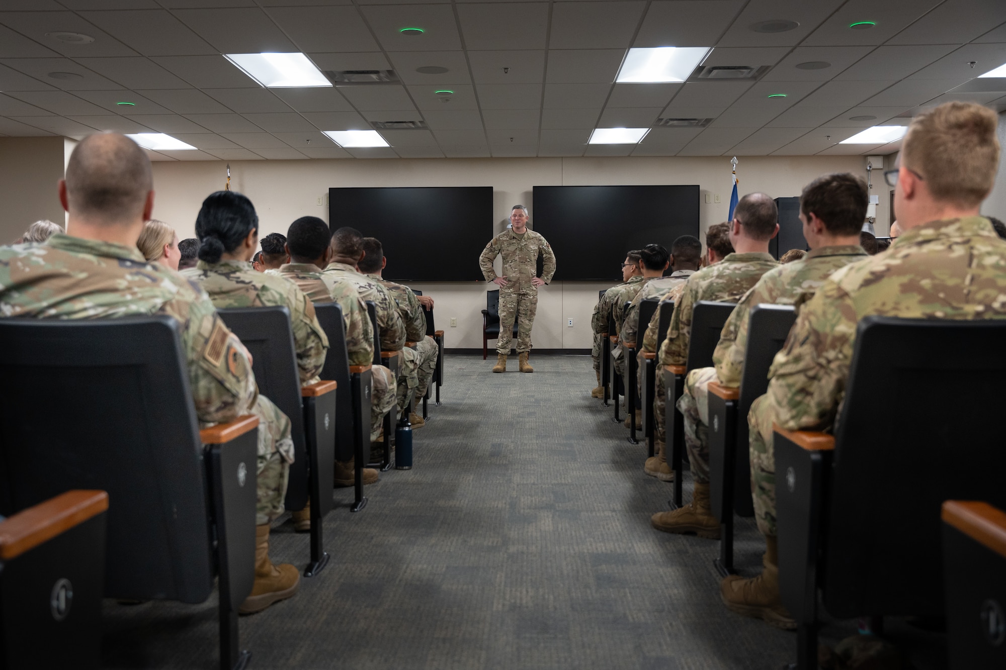 U.S. Air Force Lt. Gen. Michael Conley, commander of Air Force Special Operations Command, addresses Air Commandos assigned to the 27th Special Operations Wing at Cannon Air Force Base, New Mexico, July 29, 2025. Conley answered questions regarding AFSOC priorities and initiatives, as well as highlighting Cannon’s support of the AFSOC mission. (U.S. Air Force photo by Senior Airman Sarah Gottschling)