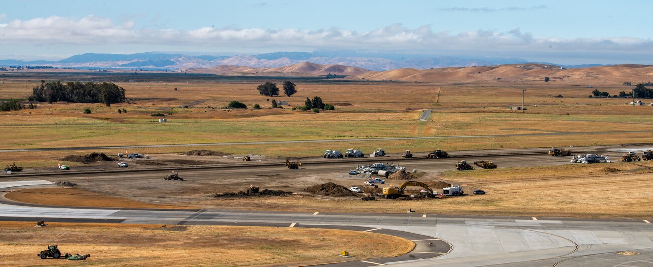 View form the air traffic control tower of construction crew working on flight line
