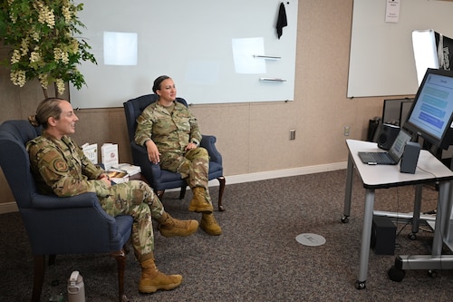 Tech. Sgts. Brianna Benko and Kathleen McConnell, Master Resilience Trainer Course instructors with the Eaker Center for Professional Development speak on camera during an Air Force Medical Service panel on burnout at Maxwell Air Force Base, Alabama, July 17, 2025. The panel provided viewers with tools to recognize burnout symptoms, build emotional resilience, and apply practical strategies for recovery and prevention.
