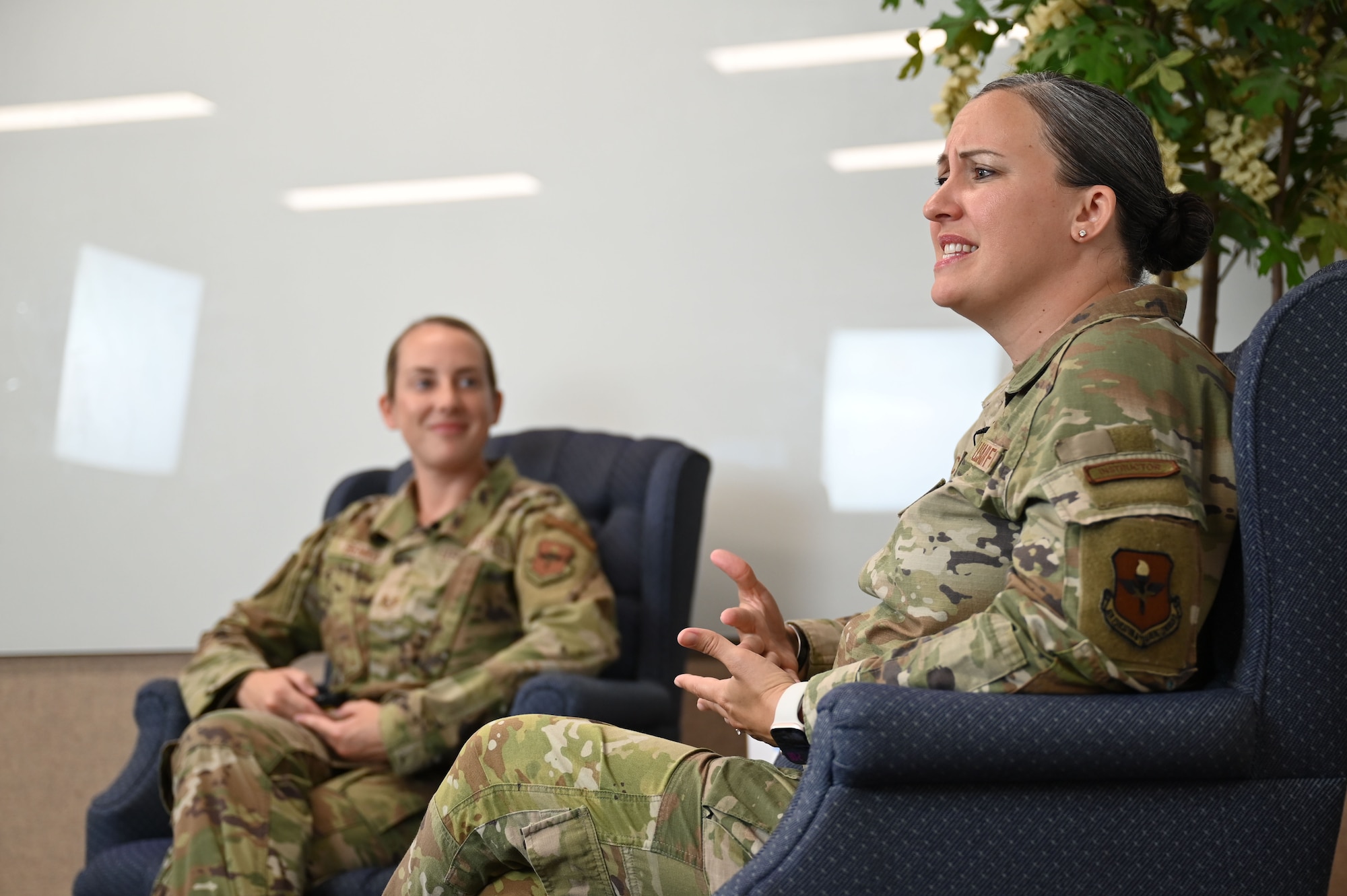 Tech. Sgt. Kathleen McConnell, a Master Resilience Trainer Course instructor with the Eaker Center for Professional Development speaks on camera during an Air Force Medical Service panel on burnout at Maxwell Air Force Base, Alabama, July 17, 2025. The MRT course has certified more than 400 people in the last year.