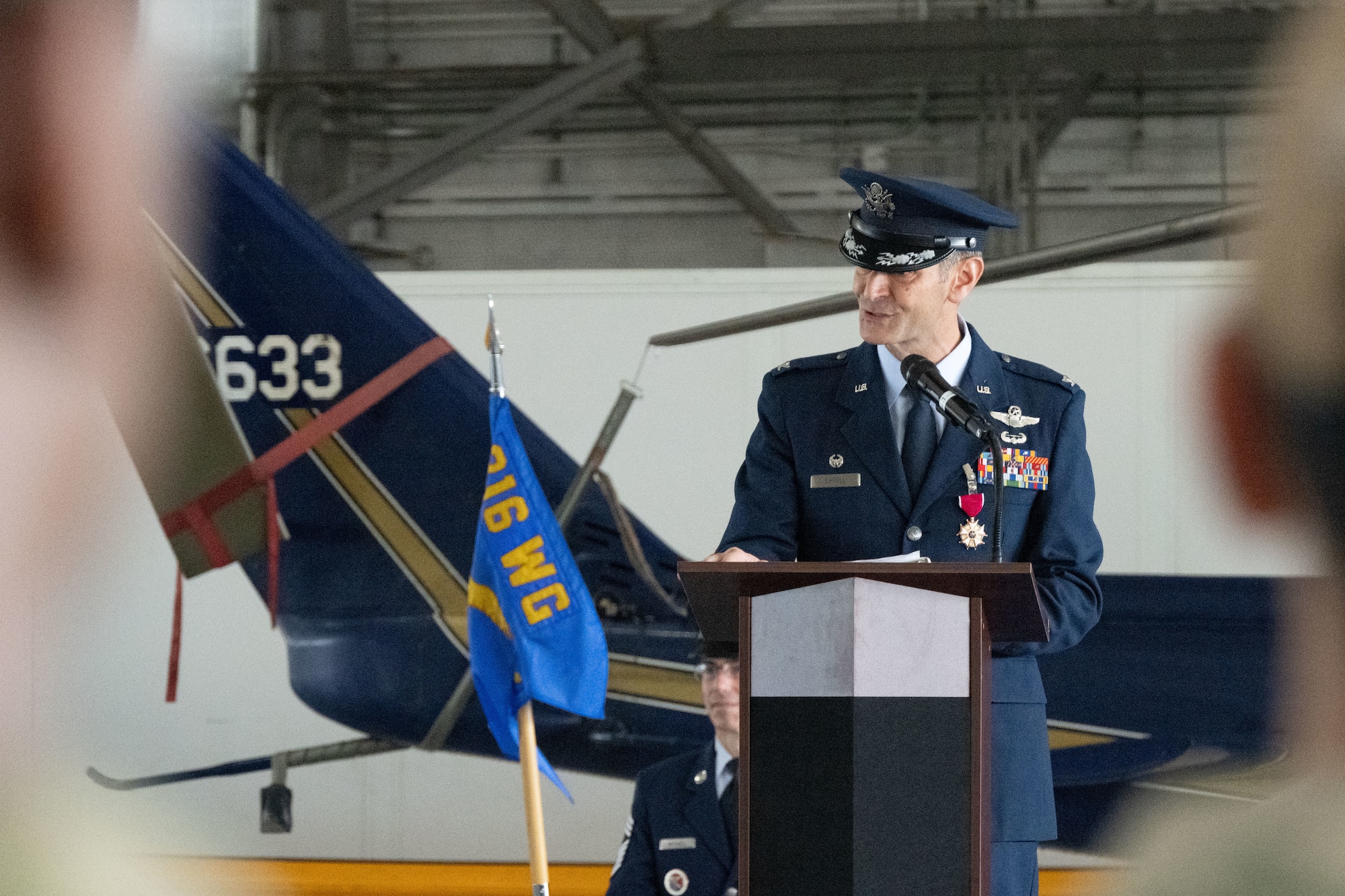 U.S. Air Force Col. Matthew Shrull, outgoing 316th Operations Group commander, delivers his final remarks during a change of command ceremony at Joint Base Andrews, Md., July 31, 2025.