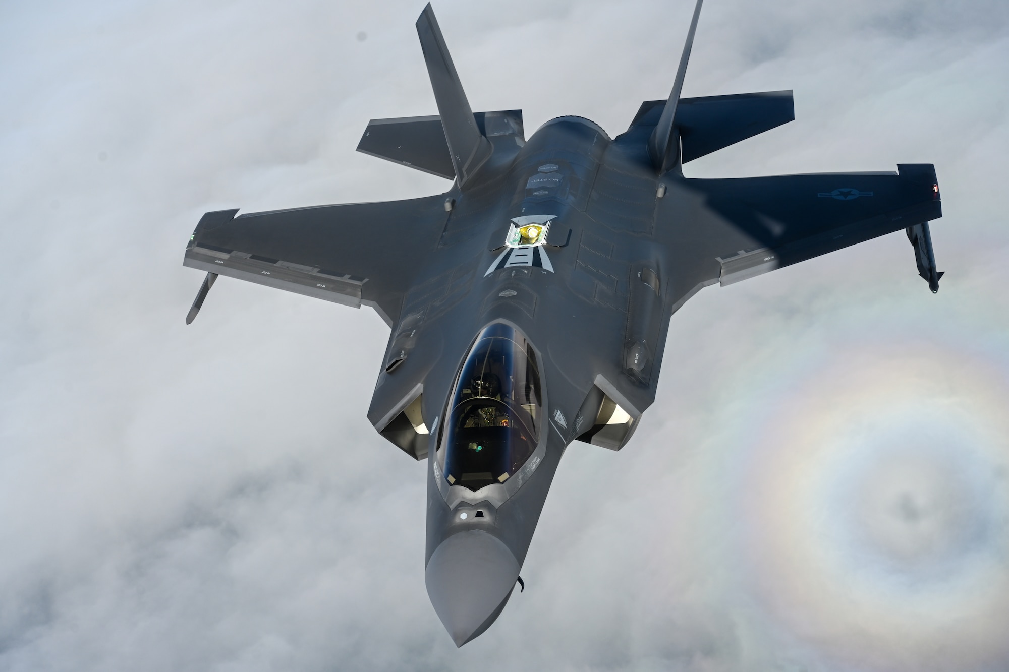 Aircraft flies in the sky.