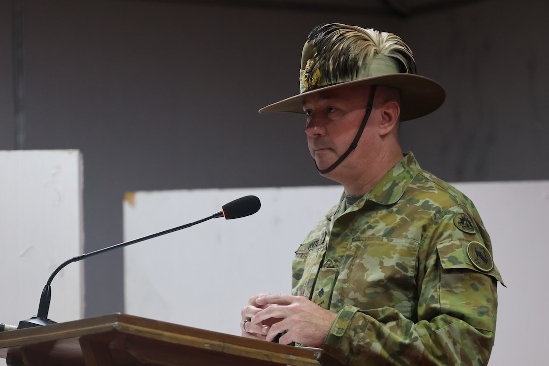 Maj. Gen. Scott A. Winter, Deputy Commanding General - Strategy and Plans for the U.S. Army Pacific (USARPAC) gives his remarks as the guest speaker at the opening ceremony of the Exercise Tiger Lightning 2025 (TL25), at the Jalalabad Cantonment, Sylhet, Bangladesh on July 25, 2025.