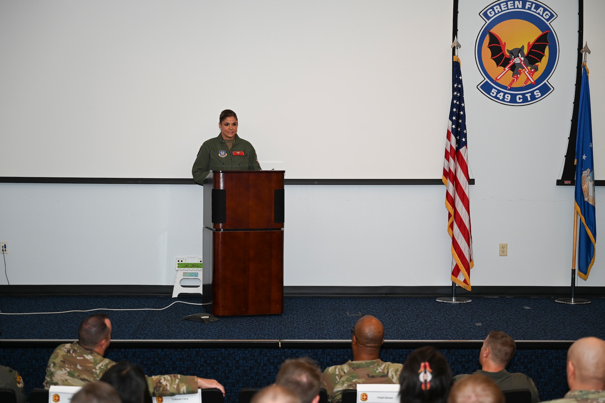 U.S. Air Force Lt. Col. Andrew W. Baumgart, outgoing 706th Aggressor Squadron (AGRS) commander, relinquished command to Lt. Col. Kristin L. Hollrith, incoming 706th AGRS commander, during a change of command ceremony at Nellis Air Force Base, Nevada, August 1, 2025.