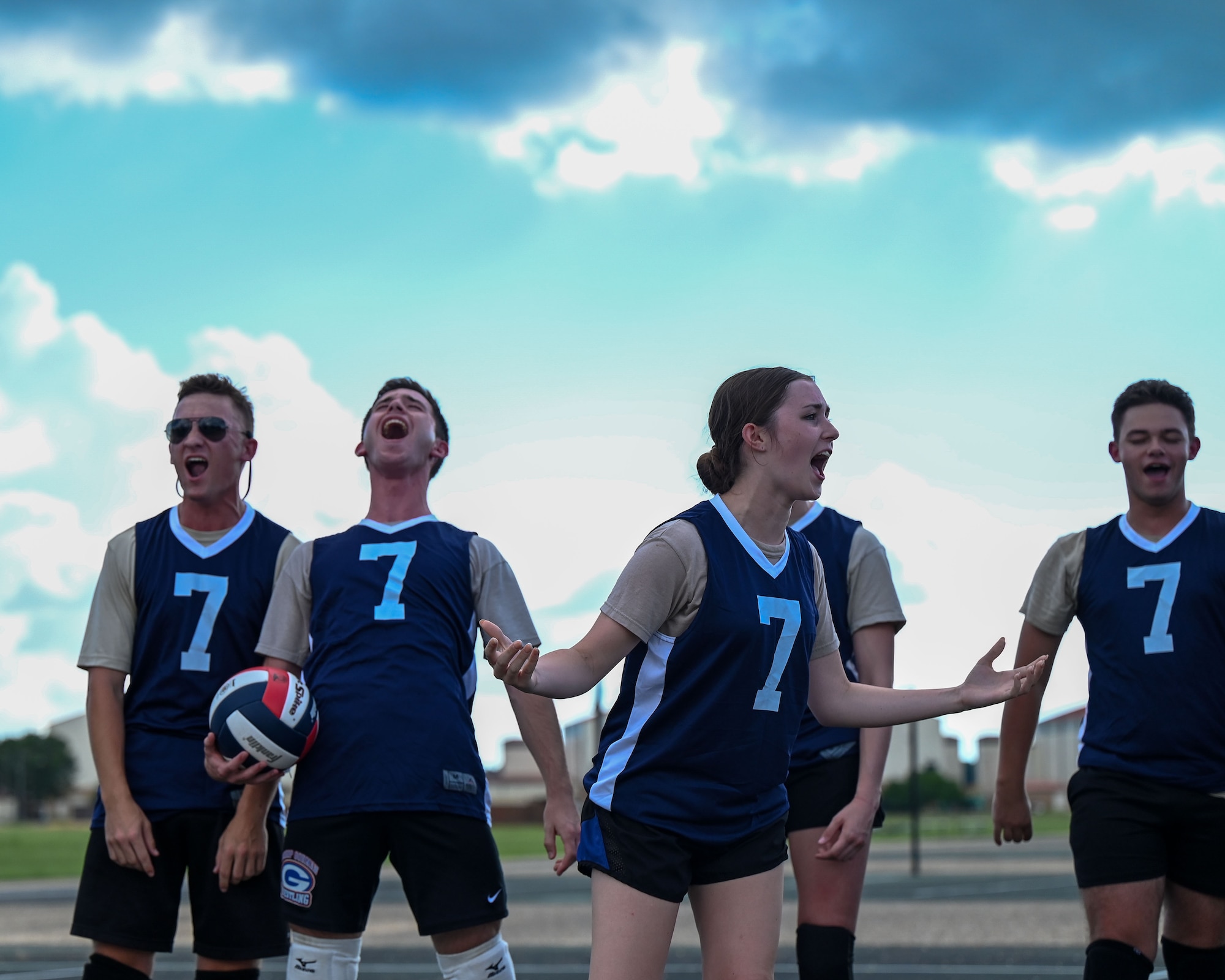 Cadet Officer School participants compete in a volleyball match during a leadership-building activity at Maxwell Air Force Base, Alabama, July 22, 2025.
