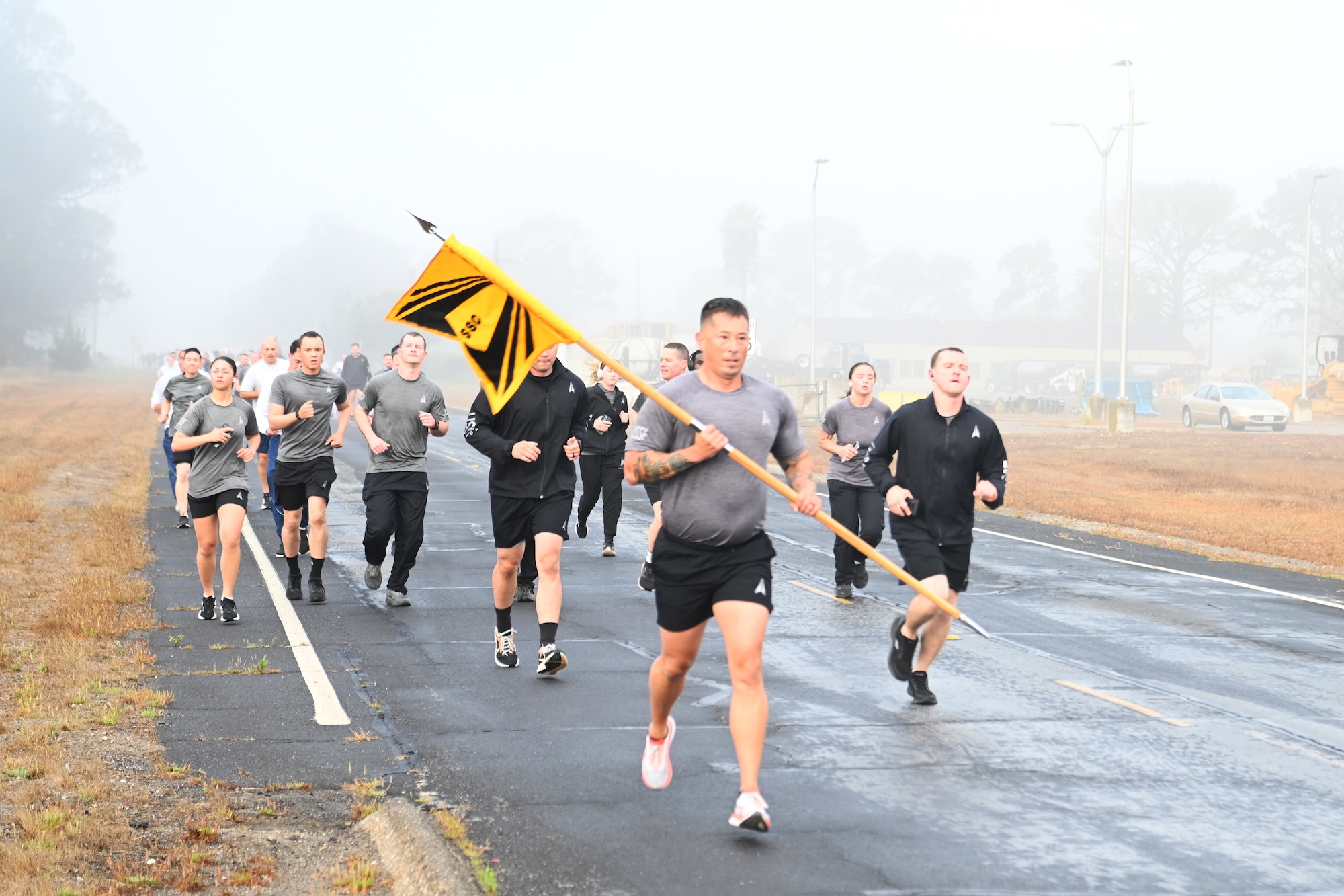 People run outside.
