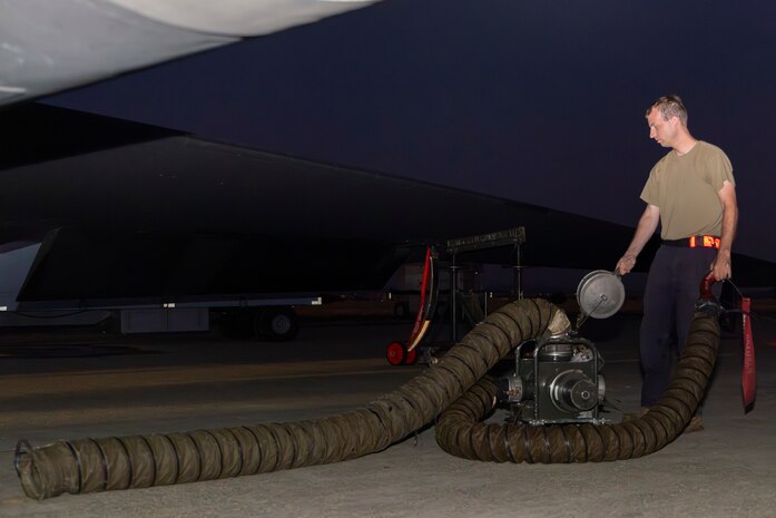 A U.S. Air Force member of the 9th Aircraft Maintenance Squadron prepare a 9th Reconnaissance Wing TU-2S Dragon Lady piloted by Cory “ULTRALORD” Bartholomew, 1st Reconnaissance Squadron (RS) assigned flight safety officer and U-2 instructor pilot, and Lt. Col. “JETHRO”, 1st RS instructor pilot and U-2 chief pilot, at Beale Air Force Base (AFB), California, Aug. 1st, 2025.